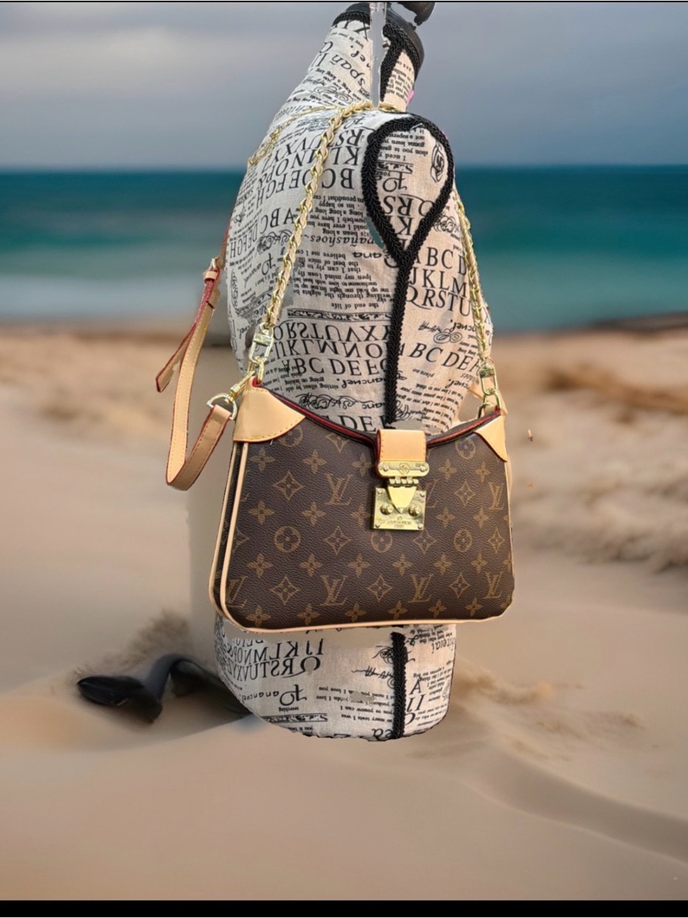 Monogram Pattern Brown Shoulder Bag with Gold-Tone Lock